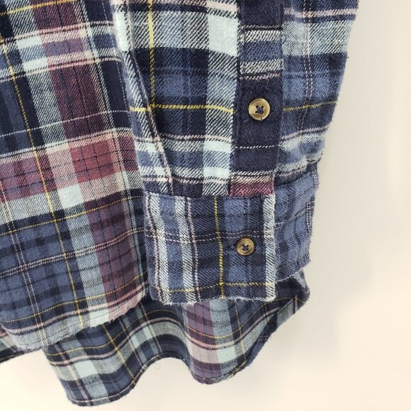 Aerie Plaid Flannel Button Up Shirt Womens L Blue Mauve White Oversize Long Tail - Picture 5 of 9